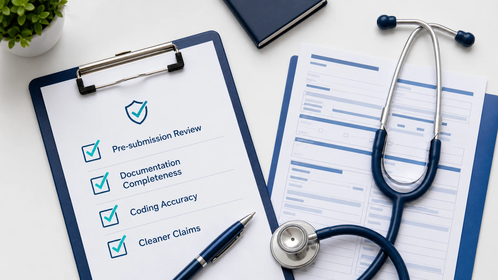 Medical billing pre-submission checklist beside a claim form and stethoscope