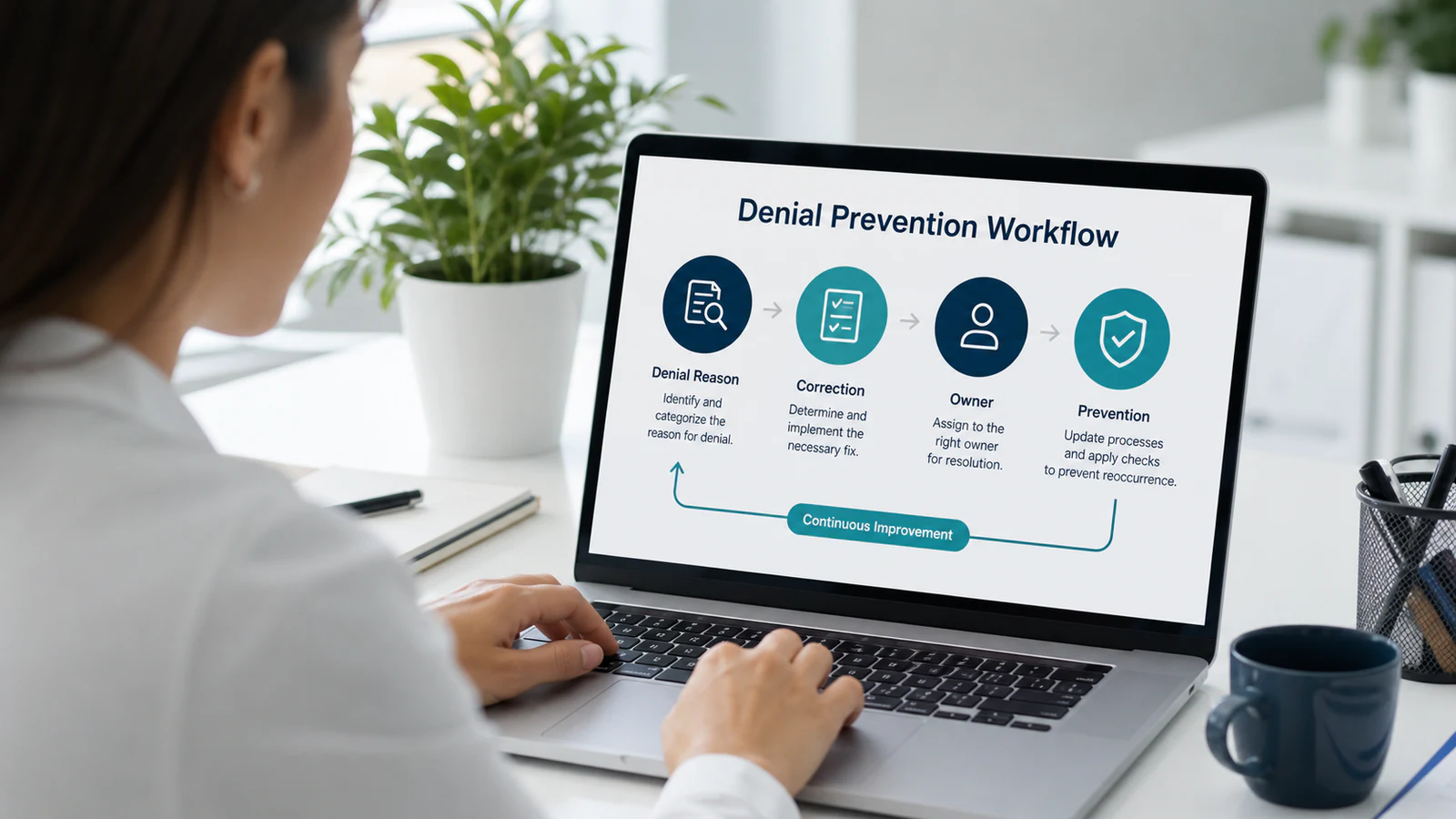 Revenue analyst reviewing a denial prevention workflow on a laptop